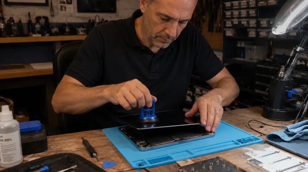Repair technician using suction cup tool to lift iPad screen at repair bench