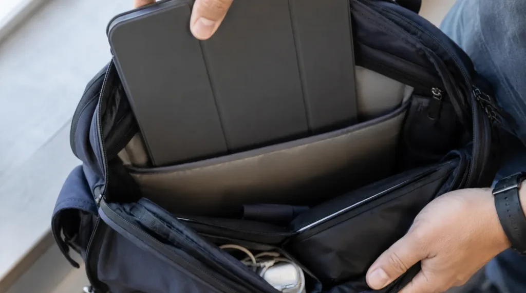 iPad in protective folio case being placed into padded sleeve inside backpack