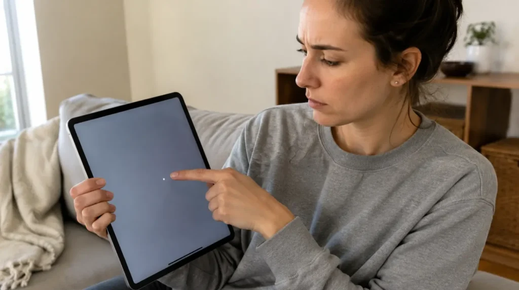 Woman pointing at small white spot on iPad screen while sitting on couch