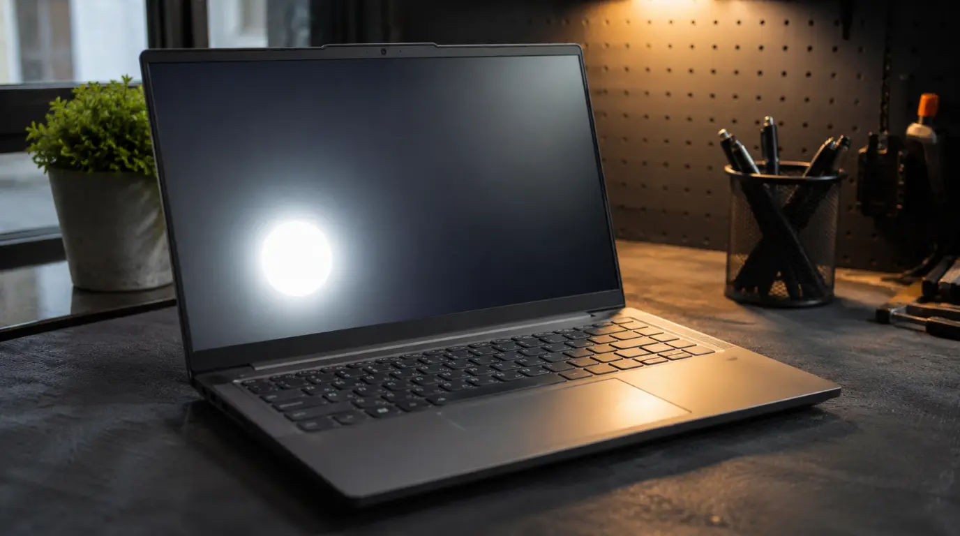 White spot on Lenovo laptop screen visible as a bright circular patch on the IdeaPad display.