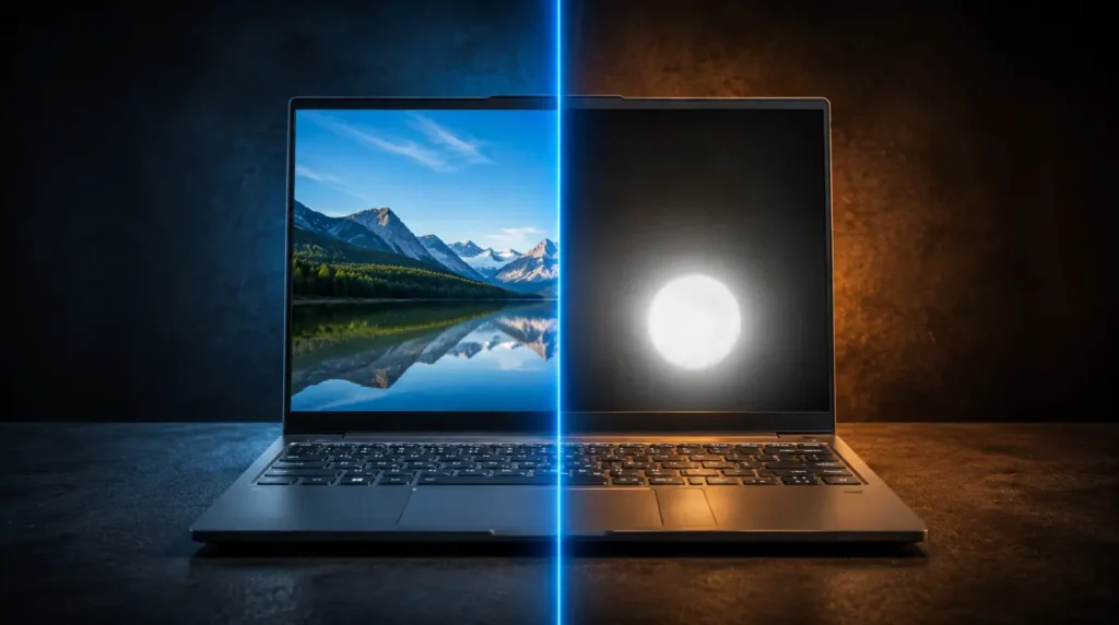 Split comparison showing a healthy Lenovo laptop screen versus one with a white pressure damage spot on the LCD panel.
