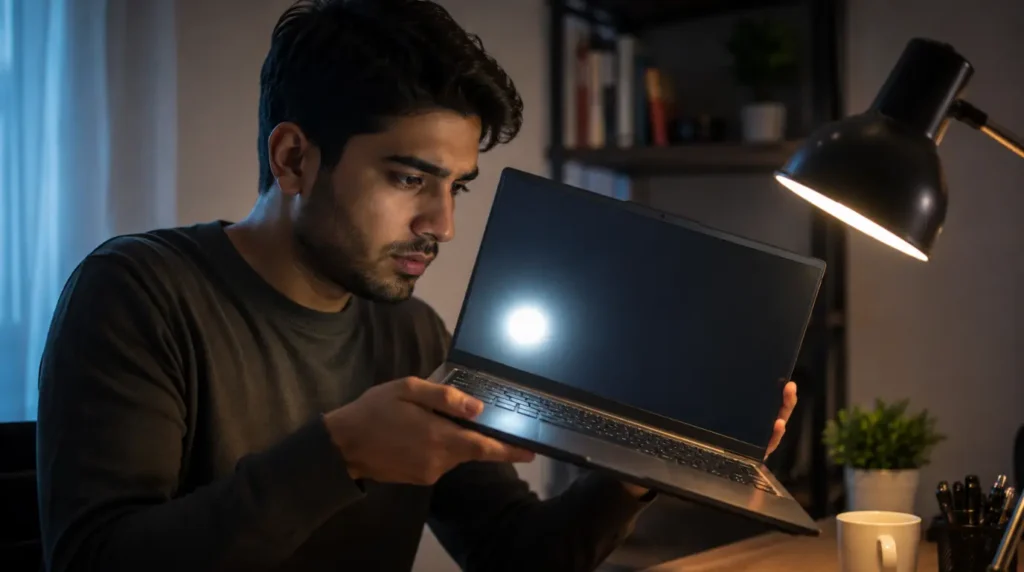 Person closely inspecting a white spot on Lenovo laptop screen under a desk lamp to diagnose the display problem.