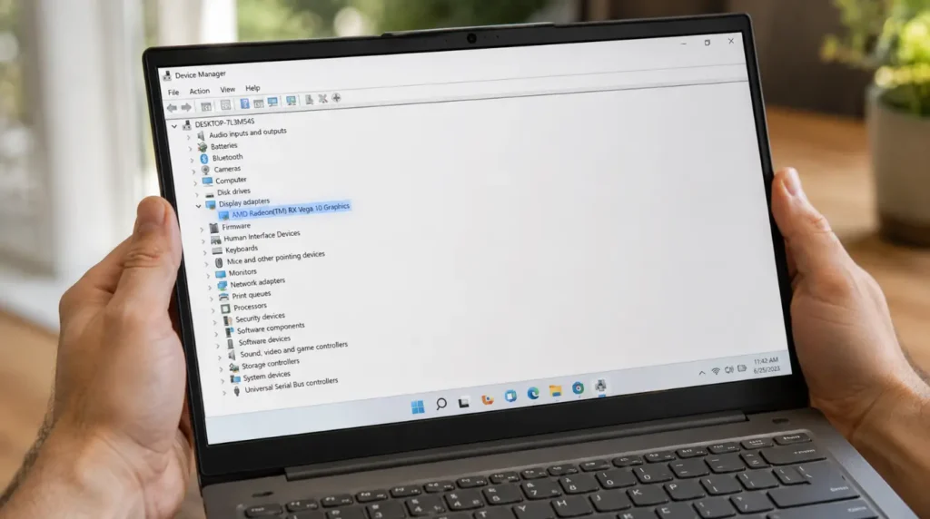 Hands navigating display driver settings on a Lenovo laptop screen to troubleshoot and fix a white spot.