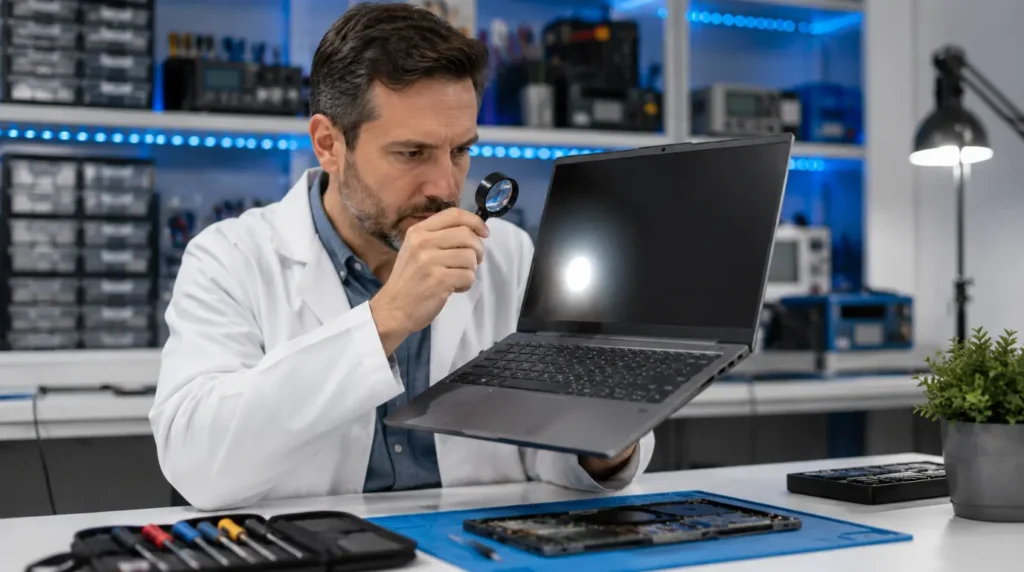 Professional technician examining a white spot on a Lenovo laptop screen with a magnifying loupe at a repair bench.