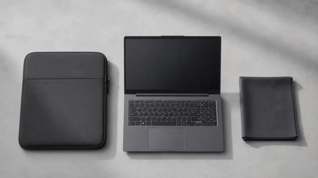 Lenovo laptop displayed alongside a protective sleeve and microfiber cloth to prevent white spots on screen.