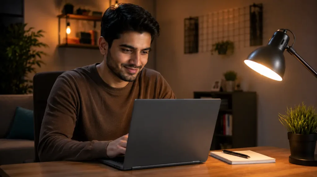 Person reading FAQ answers about white spot on Lenovo laptop screen on a fully working display at a home desk.