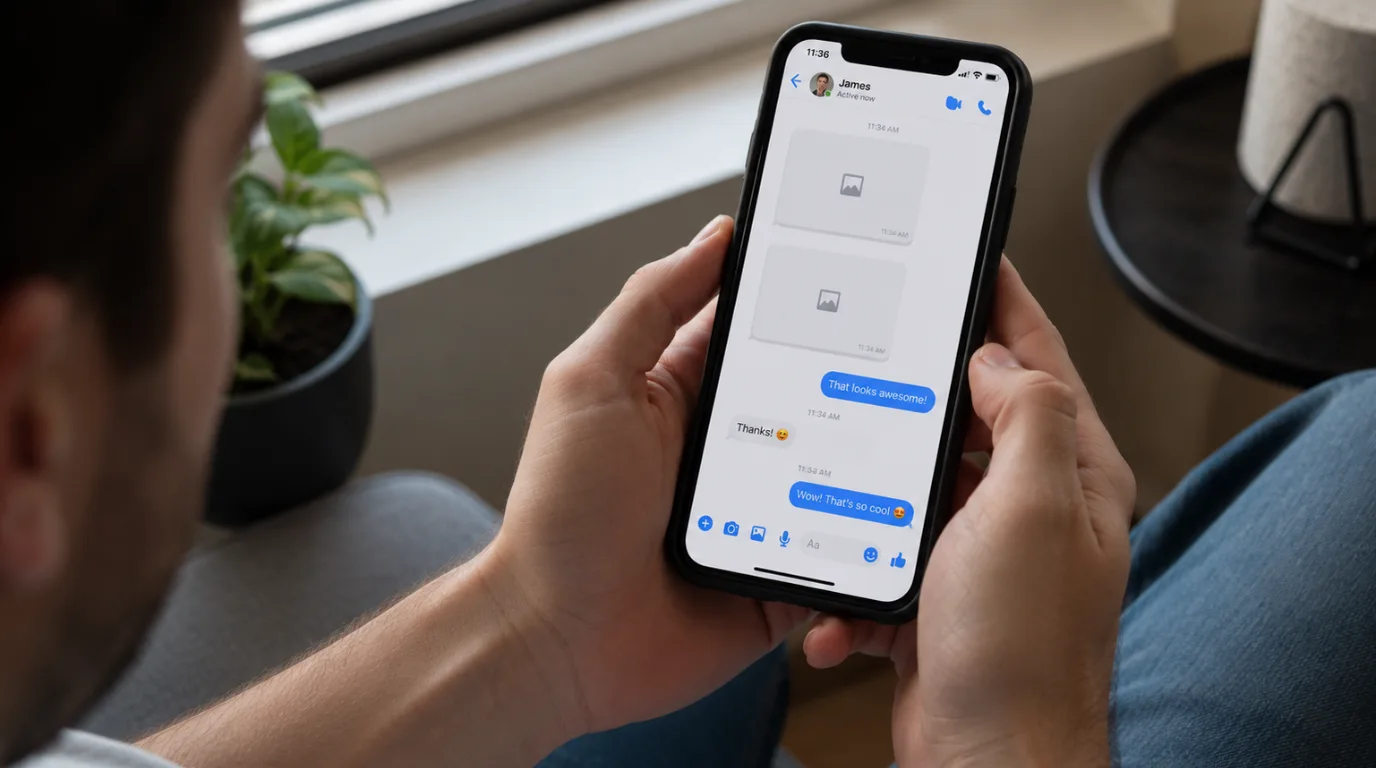 A person looking at a smartphone screen showing broken image icons and blank placeholders in a Messenger chat.