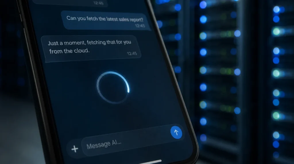 Smartphone displaying a loading circle in a chat app with server racks in the background representing cloud data fetching.
