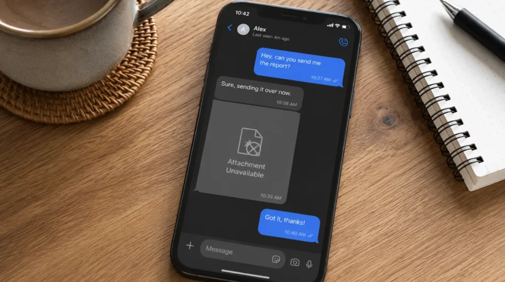 Smartphone on a wooden desk showing a missing photo placeholder and attachment unavailable warning in a Messenger conversation.