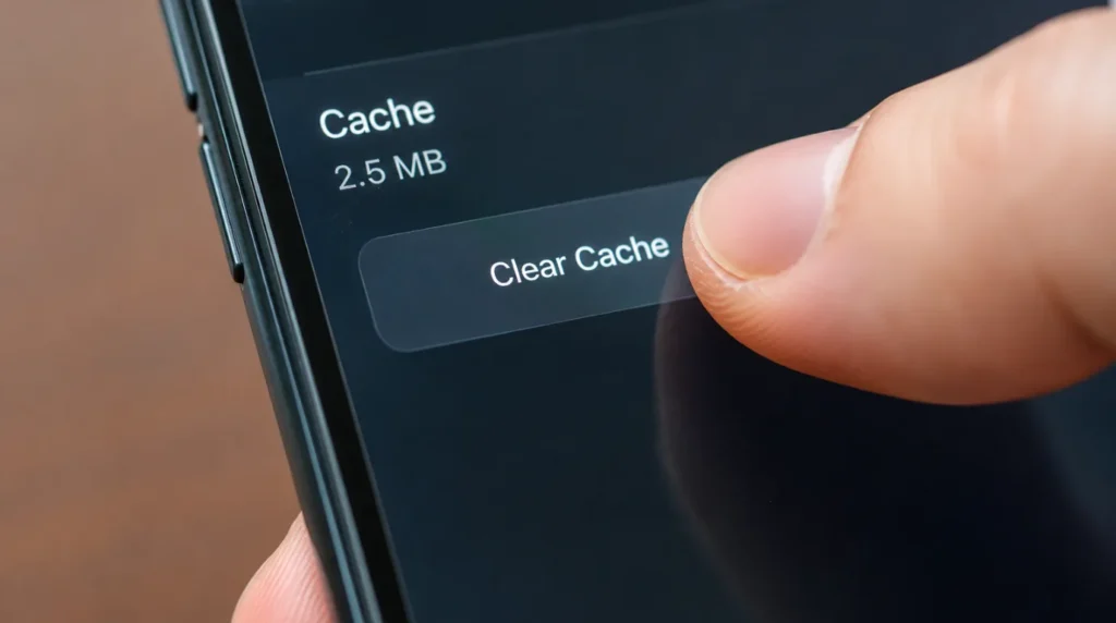 Close-up of a finger about to tap the clear cache button on a smartphone settings screen to fix Messenger media issues.
