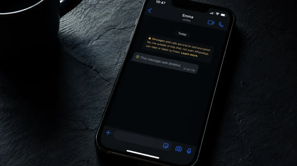 Smartphone on a dark table displaying an end-to-end encrypted chat interface with a missing message notification.