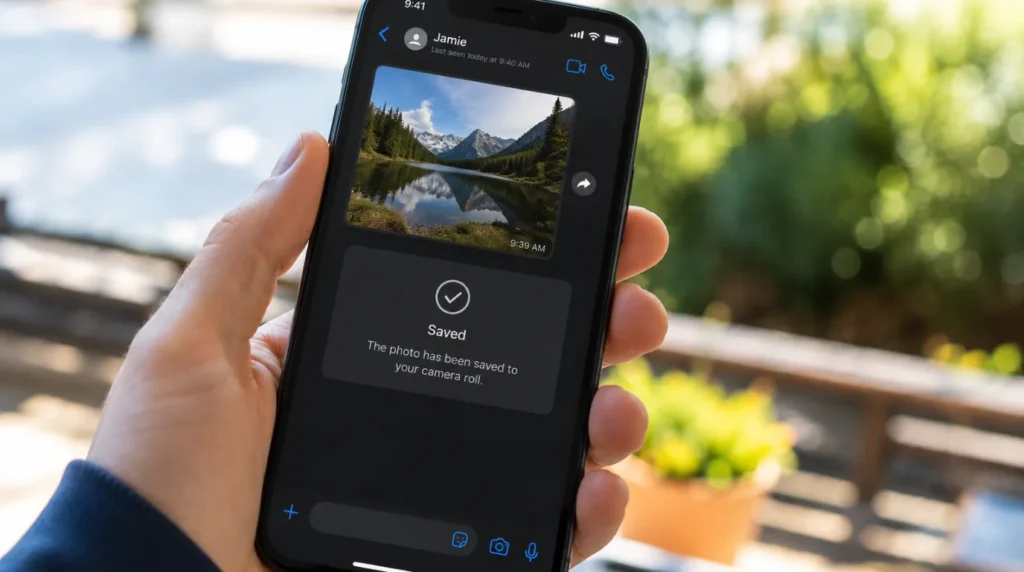 Smartphone screen showing a successful save to camera roll notification for a downloaded Messenger photo.