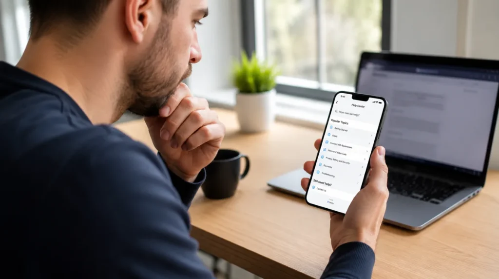 Person reading the FAQ and help center page on a smartphone to find solutions for Messenger photos not loading.