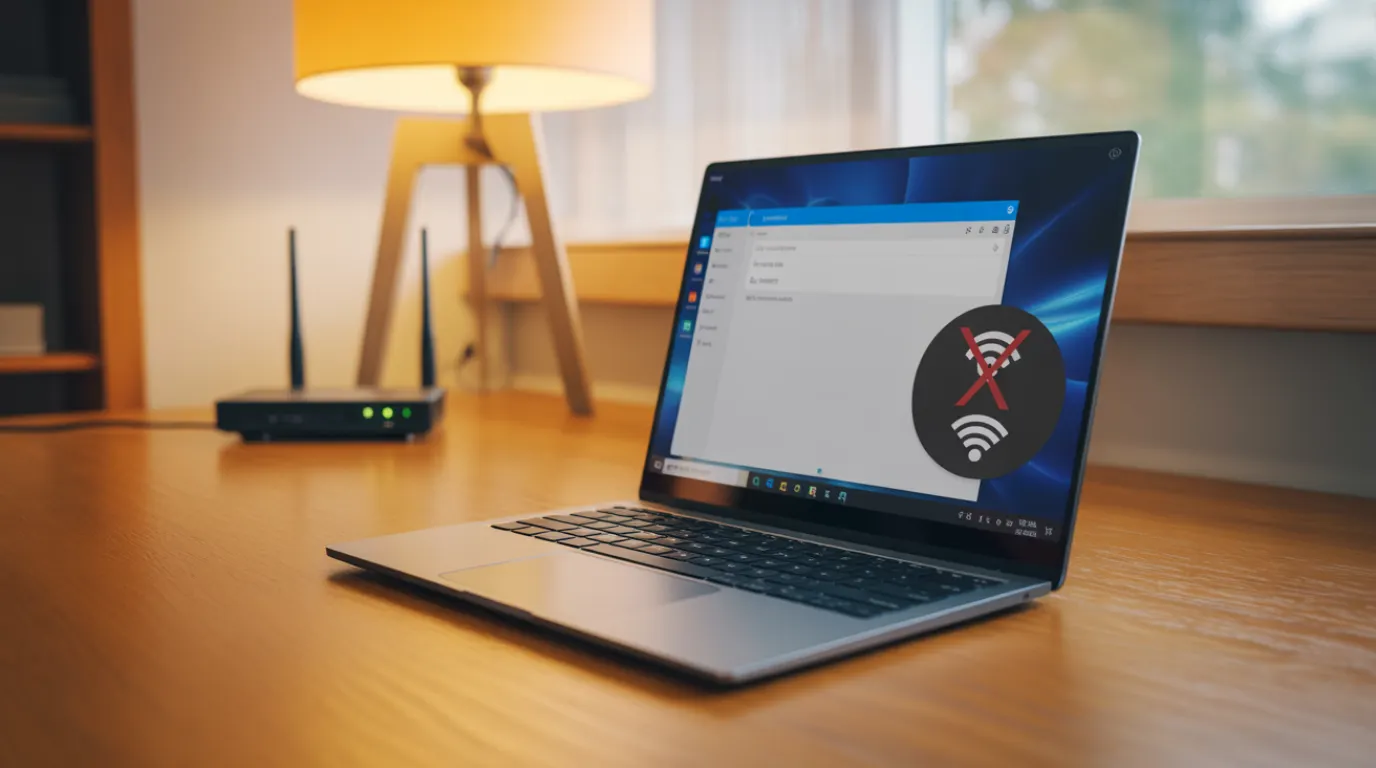 Laptop showing wifi disconnected icon on Windows 11 taskbar next to router