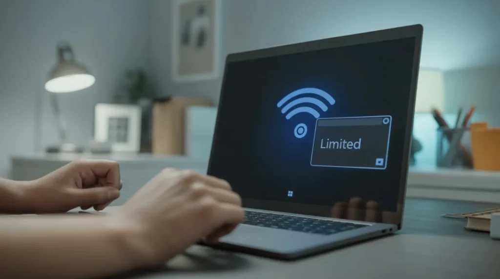 Laptop screen showing fluctuating wifi signal strength between full bars and limited connection

