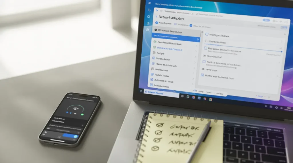 Windows Device Manager open showing wifi network adapter for laptop wifi troubleshooting
