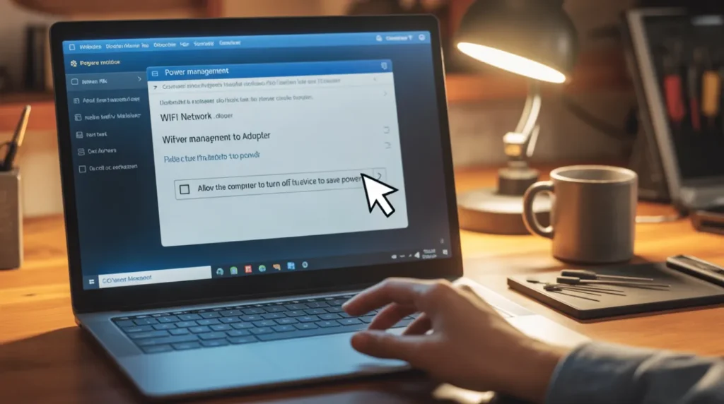 Wifi adapter power management settings tab with power saving checkbox unchecked
