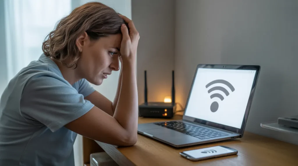 Frustrated person looking at laptop and phone both showing wifi disconnected error
