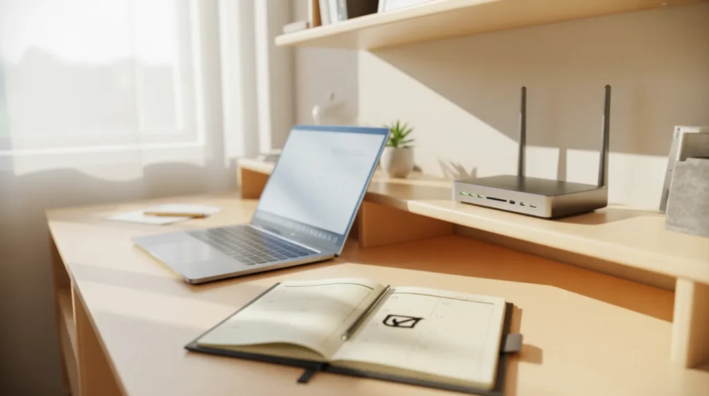 Organized desk setup with laptop and wifi router placed for stable connection
