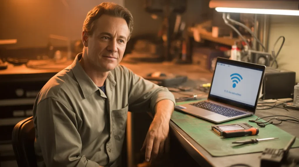 Laptop repair technician confirming stable wifi connection on laptop screen at workbench
