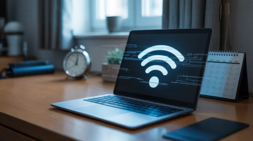 Laptop alone on desk showing flickering wifi icon transitioning between connected states
