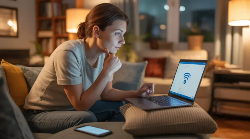 Person sitting on couch with laptop researching wifi disconnection troubleshooting questions
