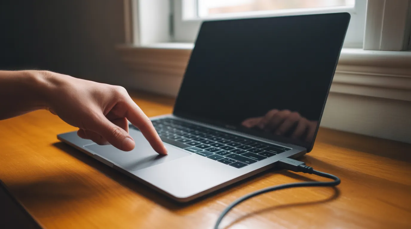 Open laptop with a completely black screen and a hand pressing the power button with no response