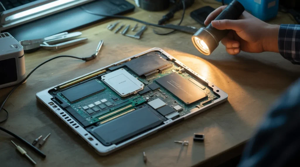 Technician inspecting an open laptop motherboard and battery with a flashlight on a repair bench