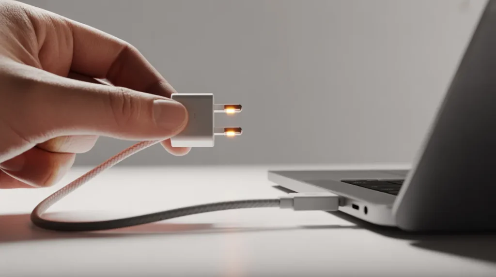 Macro shot of a charger LED light glowing while testing a laptop charging port