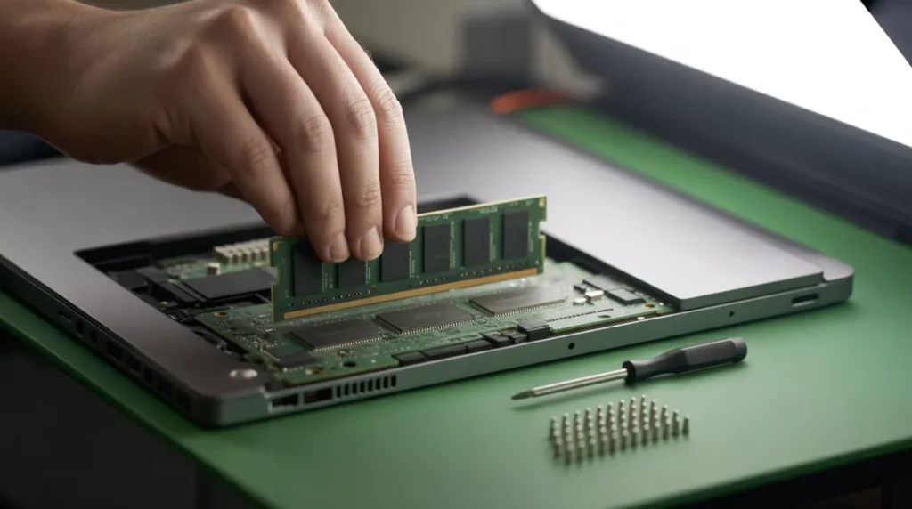 Technician reseating a RAM stick inside an open laptop on a repair workbench