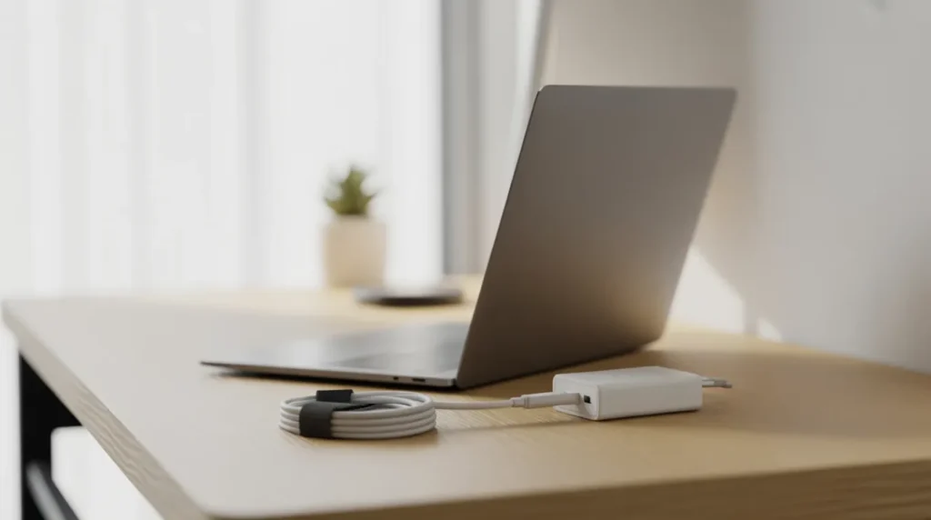  Tidy desk setup showing a laptop charging safely with an organized cable and surge protector