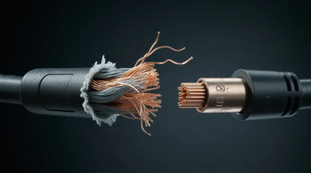  Close-up of a frayed and damaged laptop charging cable showing exposed wire