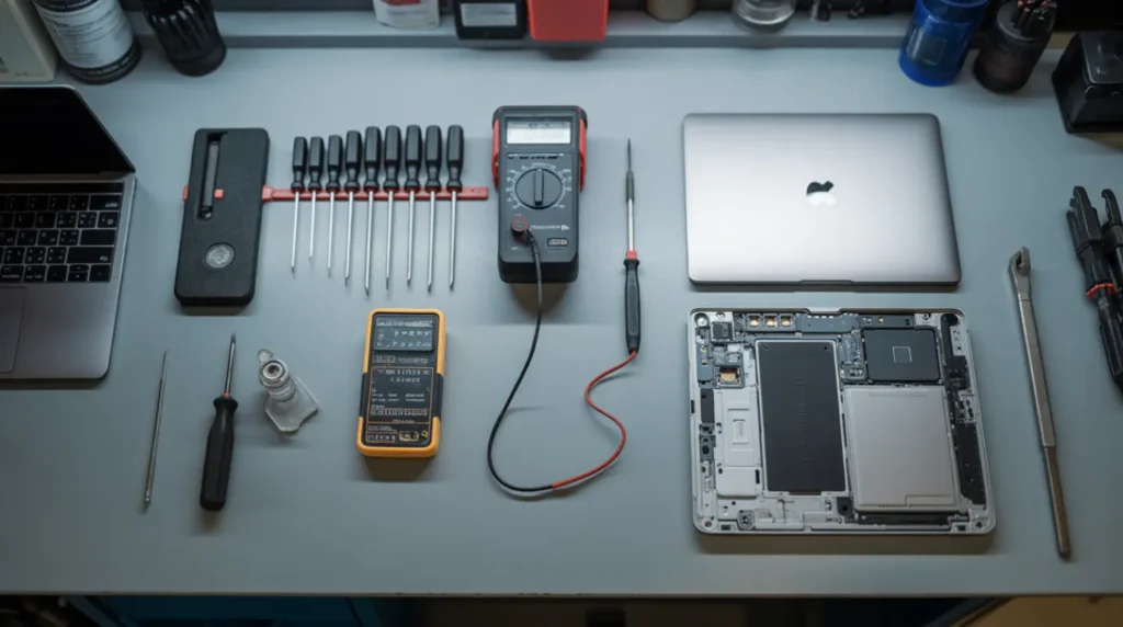 Organized repair workbench with tools, multimeter, and a partially reassembled laptop

