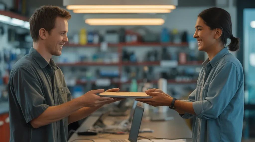 Repair technician handing a fixed laptop back to a customer at a repair shop counter