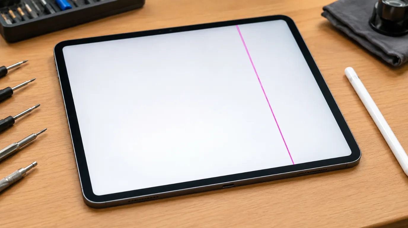 Vertical pink line appearing on an iPad Pro screen placed on a desk