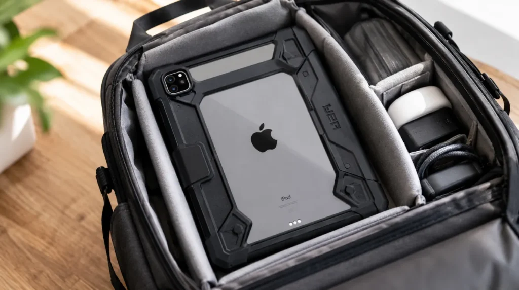 iPad Pro protected by a rugged case to prevent screen line damage