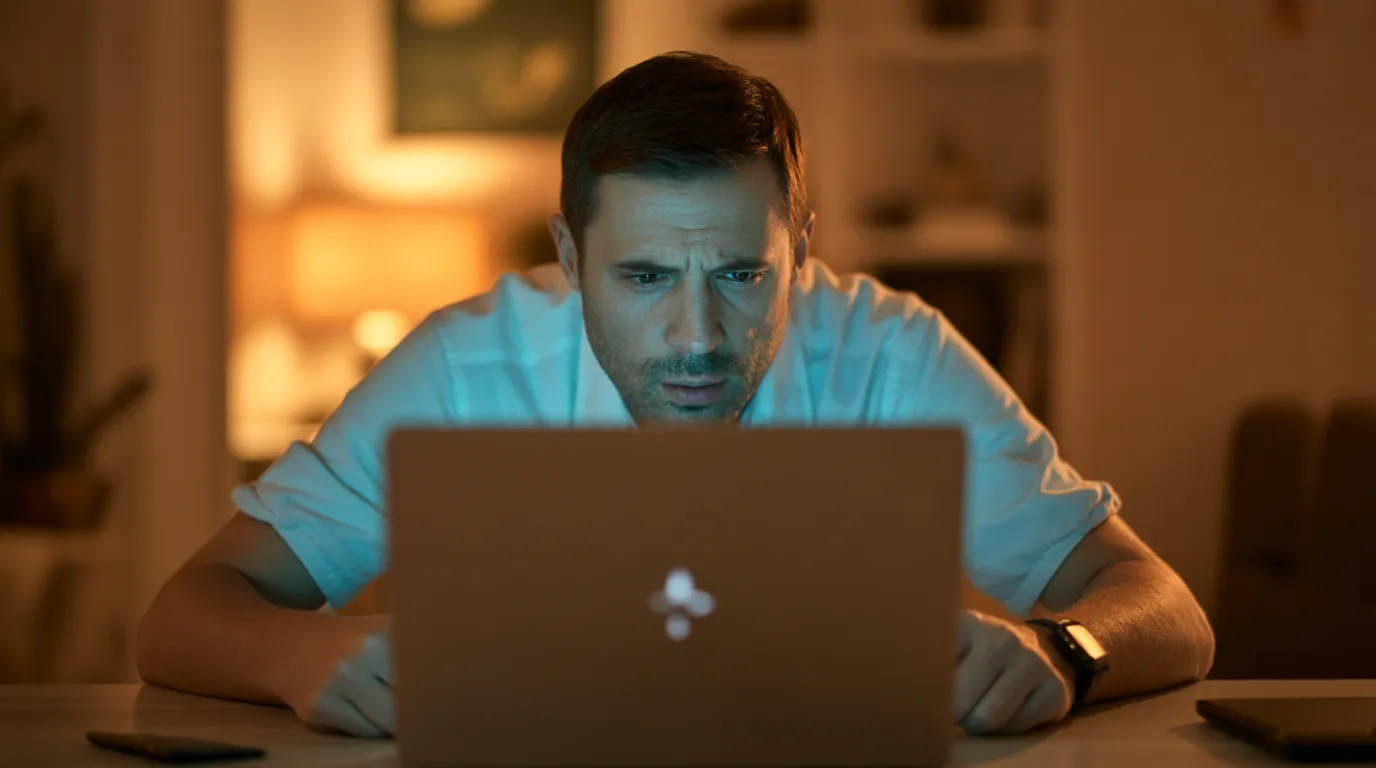 Man looking concerned at a laptop with a black login screen at night