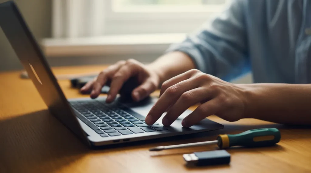 Hands troubleshooting a laptop with a screwdriver and USB drive nearby