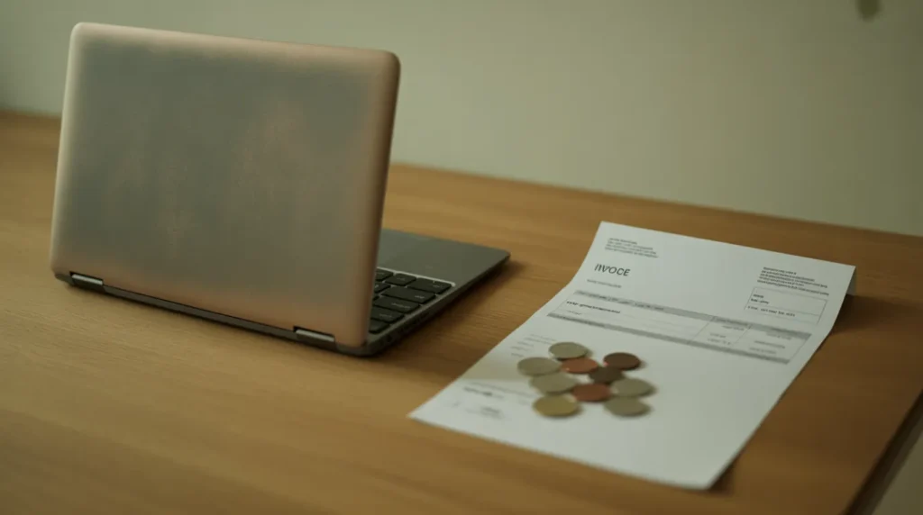 Older laptop next to a blank repair invoice and coins on a desk