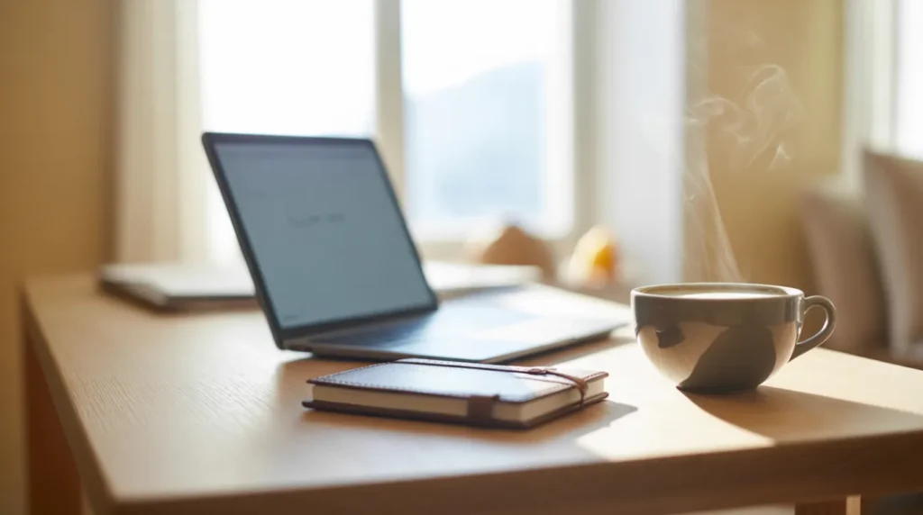 Clean organized desk with a laptop showing a calm glowing screen