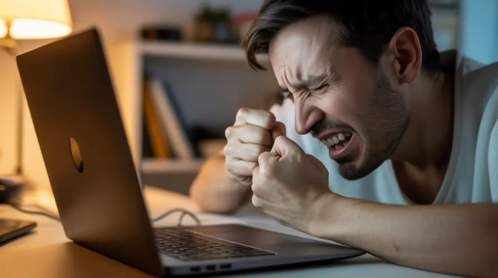  Frustrated person repeatedly pressing a laptop power button