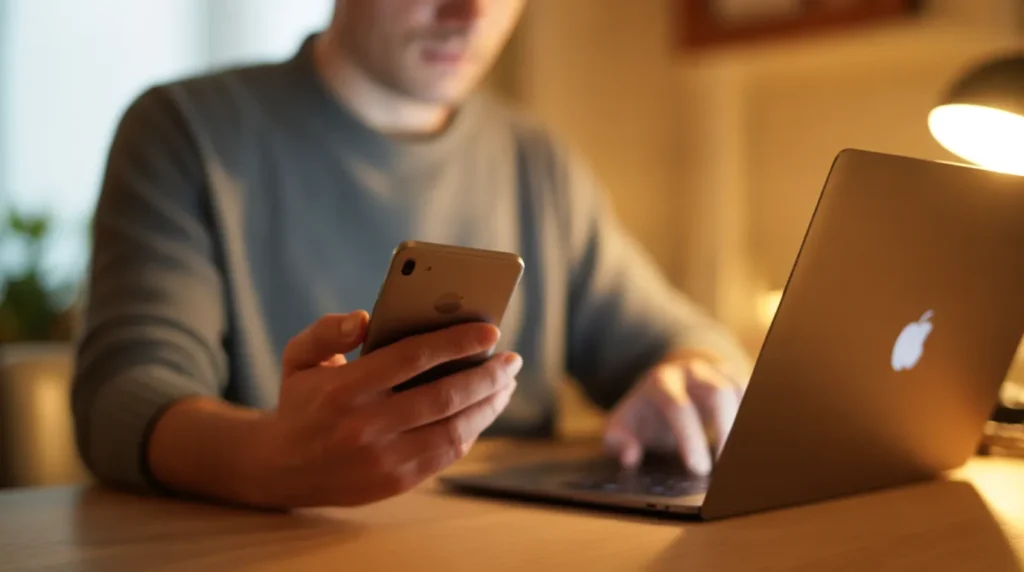 Person comparing a smartphone and laptop screen at a desk