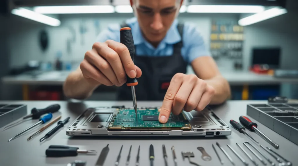Technician repairing an open laptop chassis on a workbench
