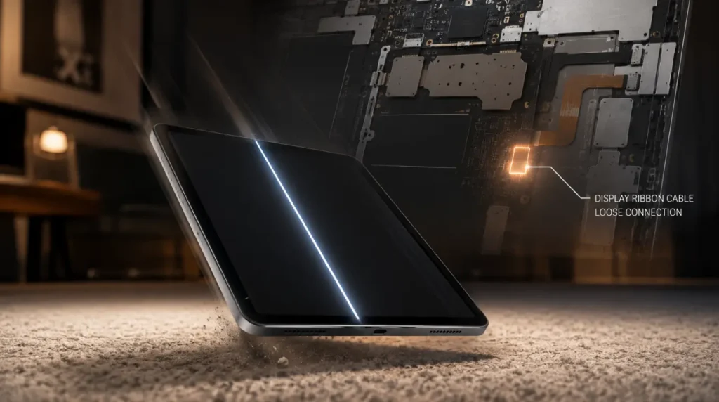 Internal view of an iPad Pro showing the ribbon cable and display connector location