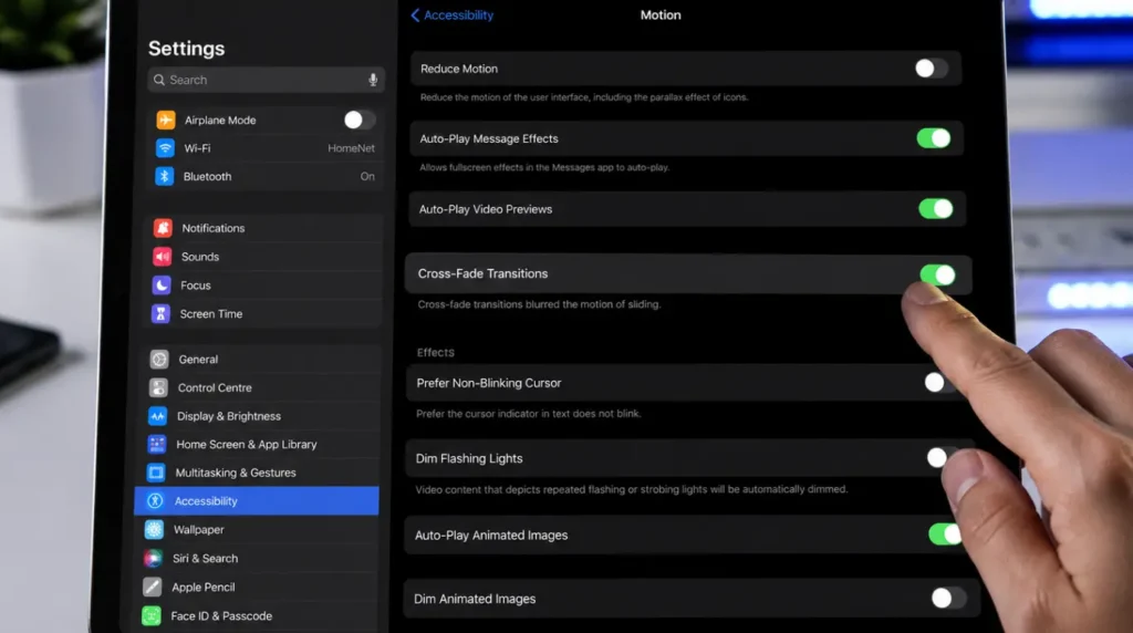Disabling Cross-Fade Transitions in iPadOS Accessibility settings to fix screen flickering