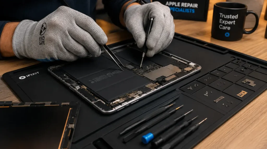 A professional technician replacing a damaged iPad Pro screen panel in a repair shop