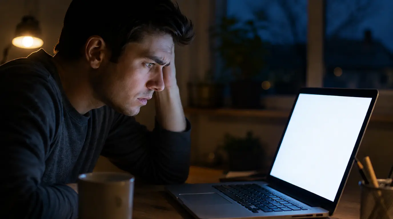 Person looking confused at a Windows laptop screen still showing bright white light instead of Night Light in a dark room