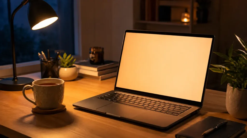 Tidy home desk setup with a laptop showing a warm Night Light toned screen in the evening