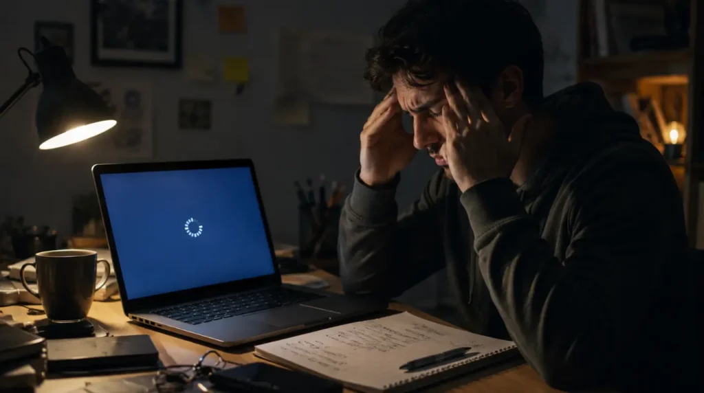 Frustrated person troubleshooting a laptop after making a common Night Light fix mistake