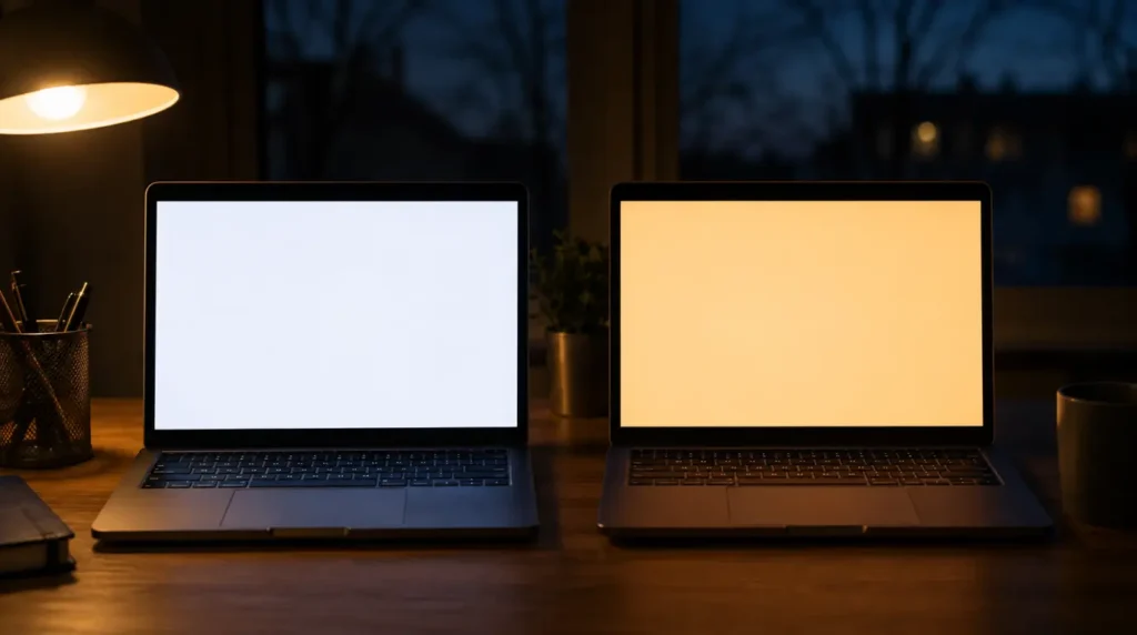 Side by side comparison of a laptop screen with Night Light off showing cool white tone and Night Light on showing warm amber tone